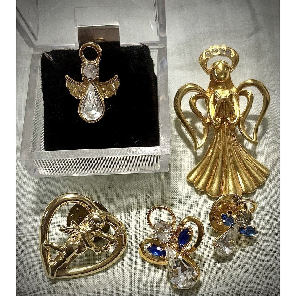 Vintage Angel Jewelry Lot Gold Tone Rhinestone Pendants Brooches Religious Cupid